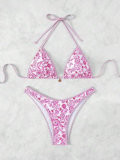 Women's 2-Piece Boho Halter Bikini Set - Tie Detail, High Cut, Floral Print, Green