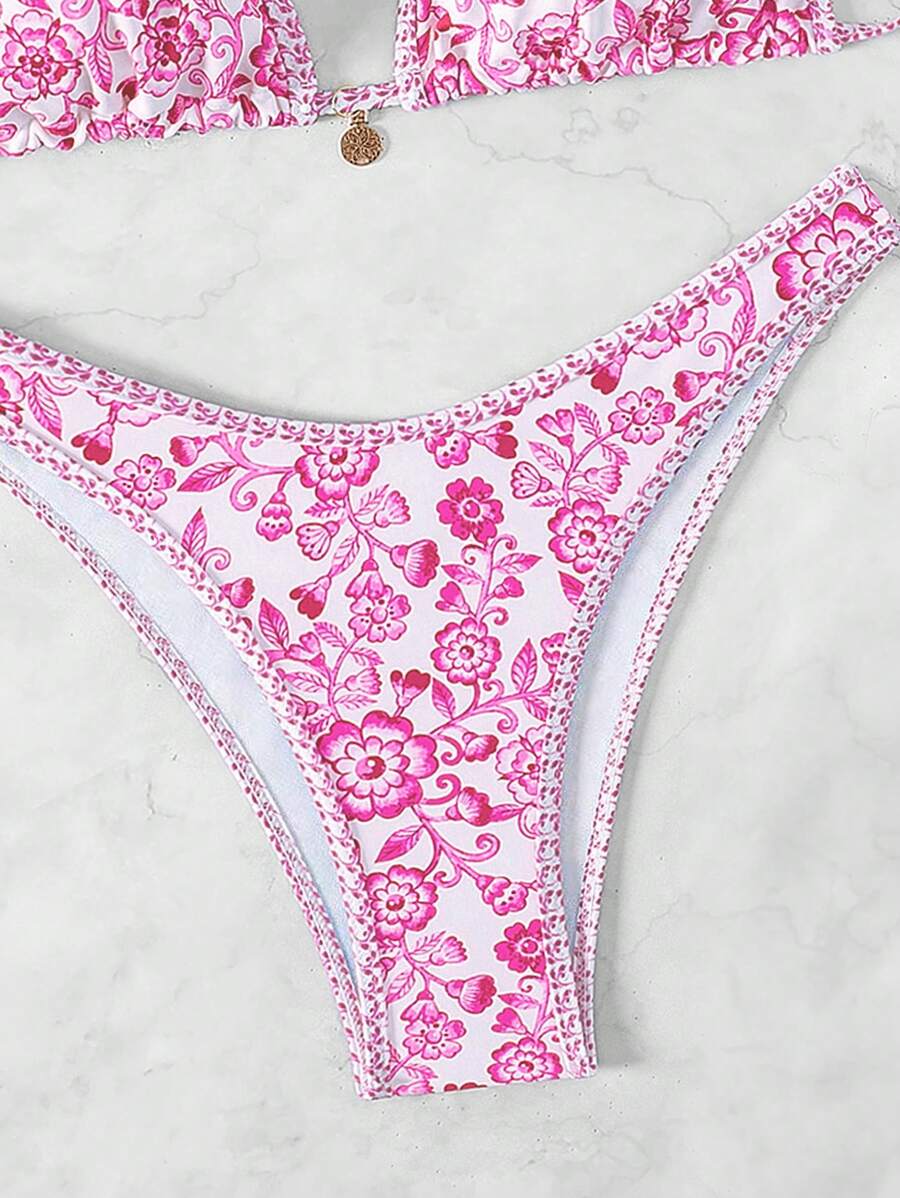 Women's 2-Piece Boho Halter Bikini Set - Tie Detail, High Cut, Floral Print, Green