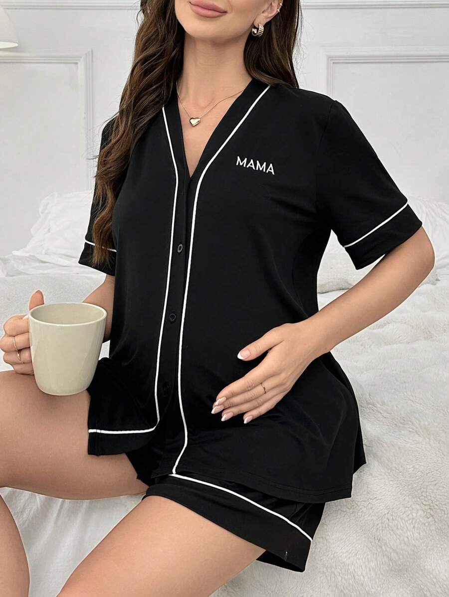 Maternity Lounge Set - Contrast Trim Letter Embroidered Open Front V-Neck Top and High-Waist Shorts 2-Piece Set