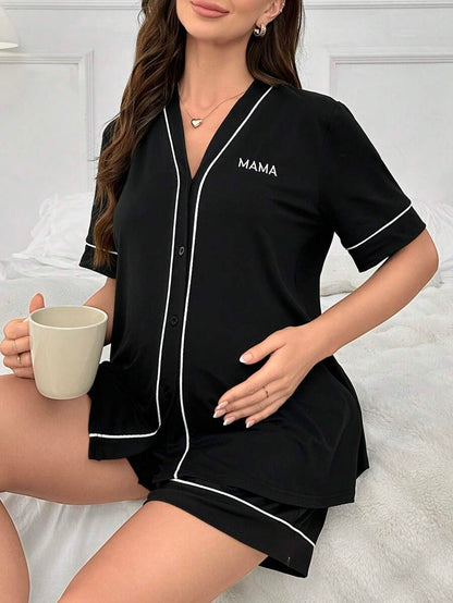 Maternity Lounge Set - Contrast Trim Letter Embroidered Open Front V-Neck Top and High-Waist Shorts 2-Piece Set