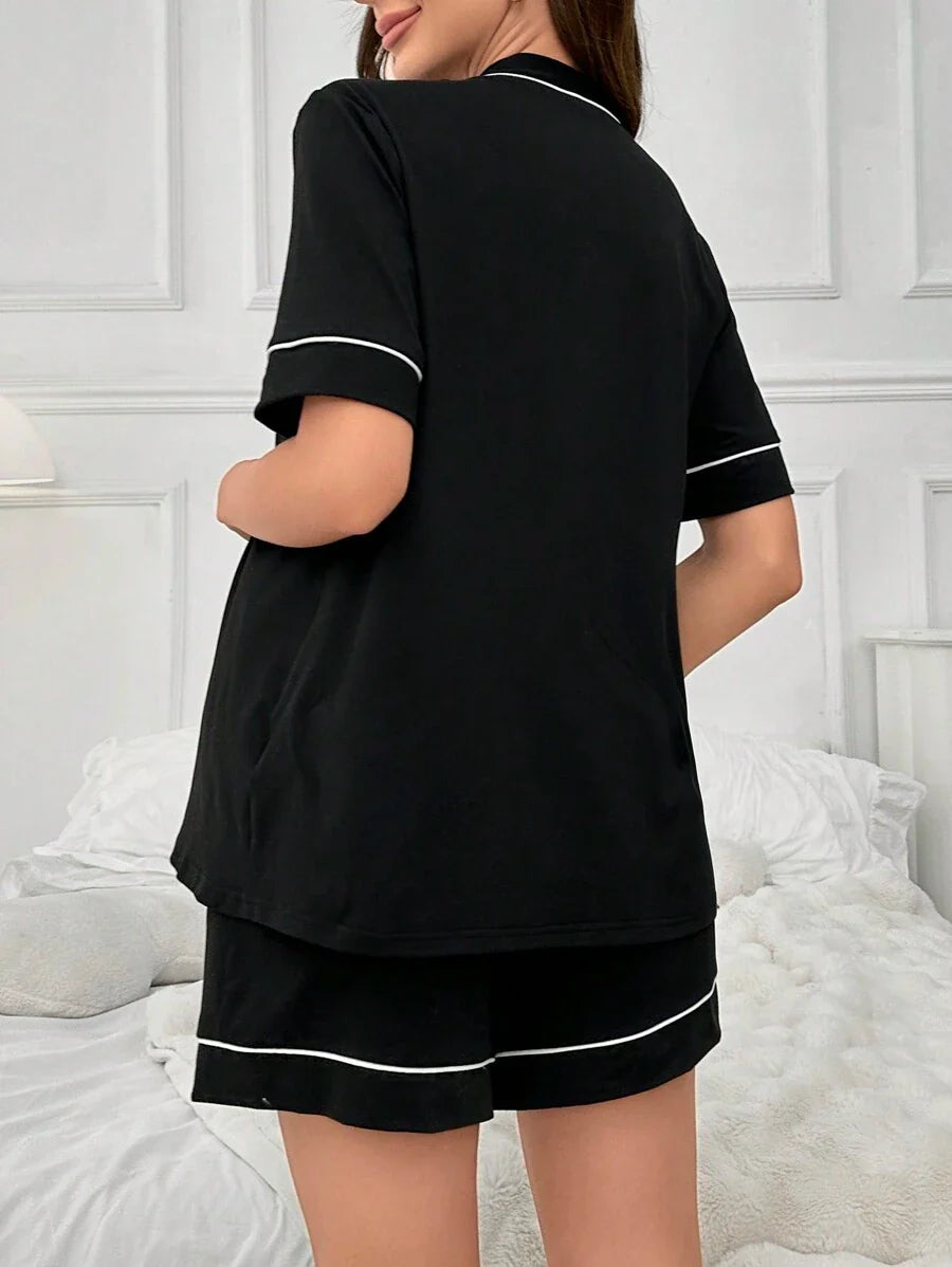 Maternity Lounge Set - Contrast Trim Letter Embroidered Open Front V-Neck Top and High-Waist Shorts 2-Piece Set