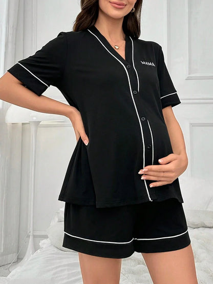 Maternity Lounge Set - Contrast Trim Letter Embroidered Open Front V-Neck Top and High-Waist Shorts 2-Piece Set