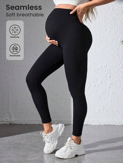 Maternity Sports Leggings - Seamless, High Waist, Cropped, Medium Stretch, Black