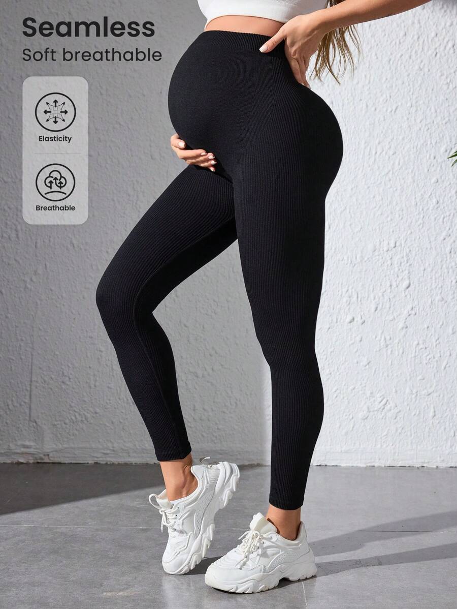 Maternity Sports Leggings - Seamless, High Waist, Cropped, Medium Stretch, Black