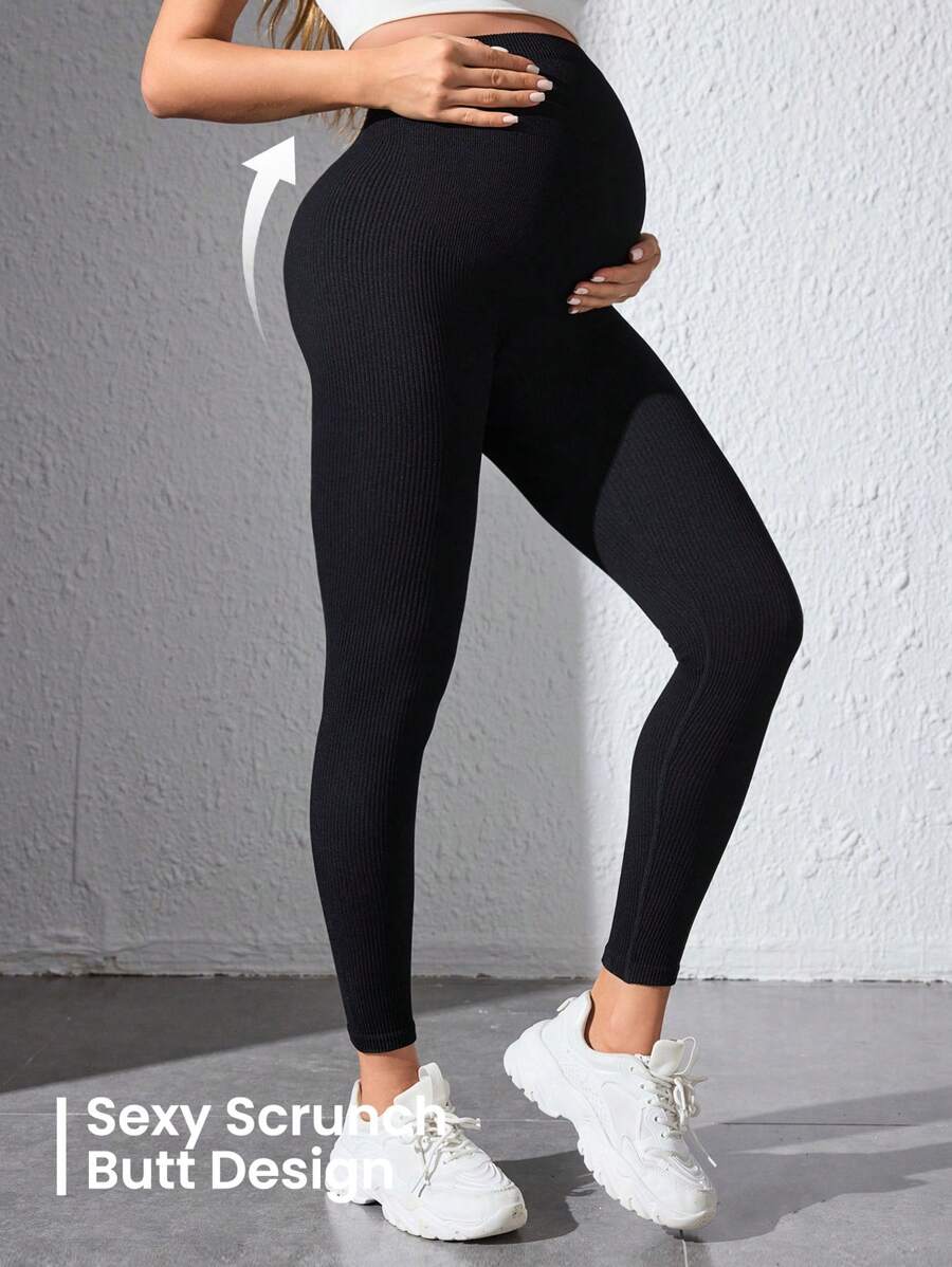 Maternity Sports Leggings - Seamless, High Waist, Cropped, Medium Stretch, Black