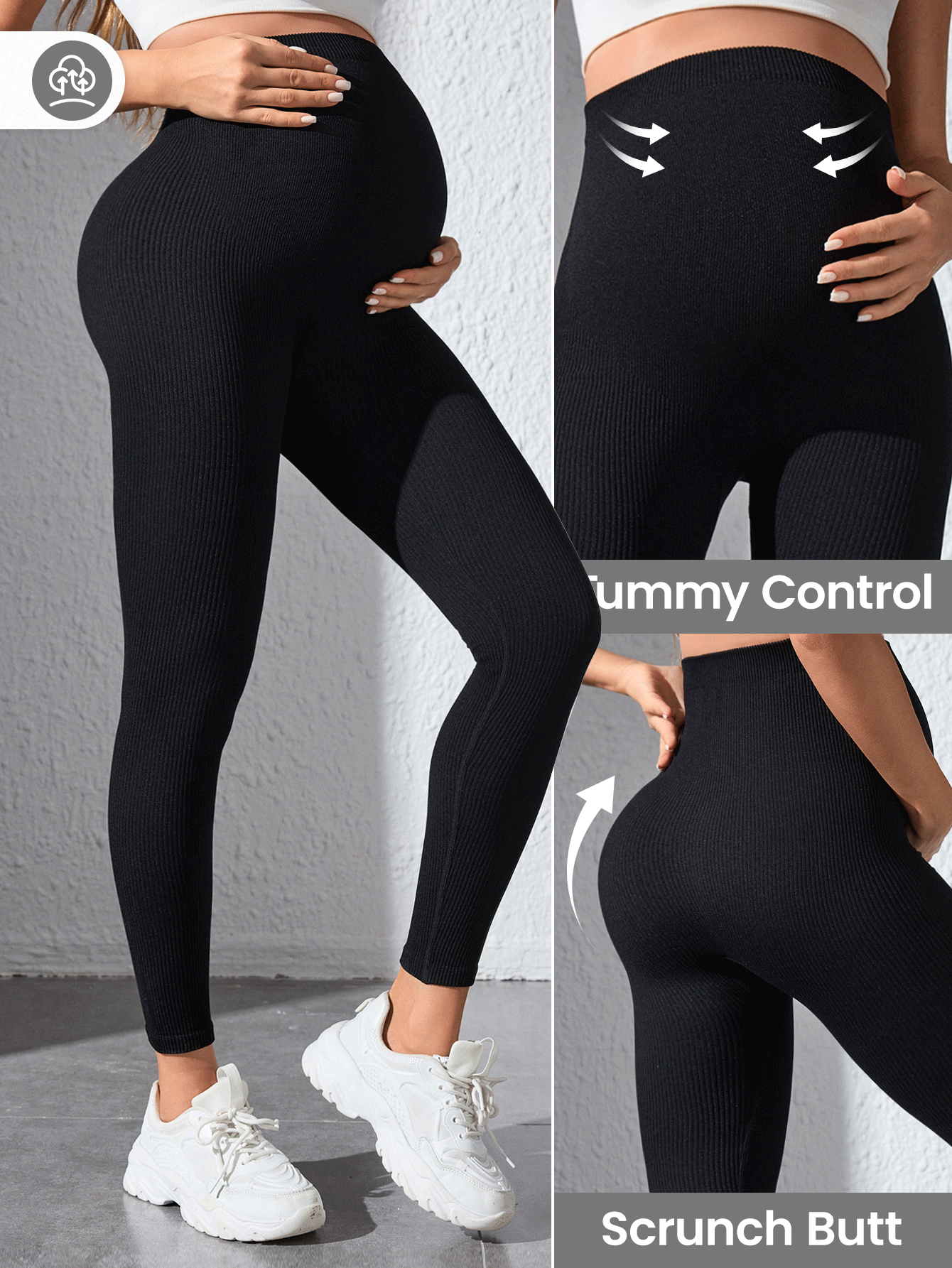 Maternity Sports Leggings - Seamless, High Waist, Cropped, Medium Stretch, Black