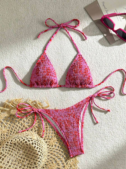 Swim Vcay Women's Ruched Tropical Print Halter Neck Tied Swimsuit And Bikini Set, Summer Beach Vacation