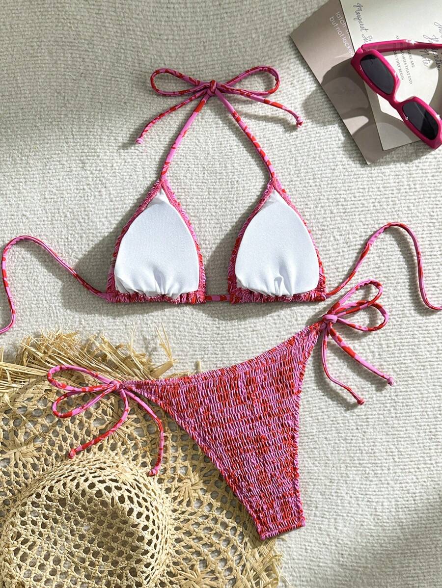 Swim Vcay Women's Ruched Tropical Print Halter Neck Tied Swimsuit And Bikini Set, Summer Beach Vacation