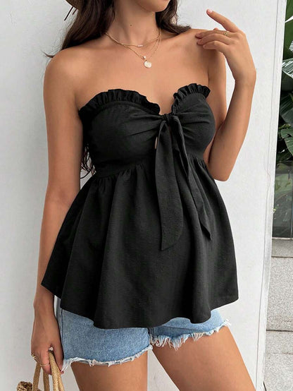 Black Strapless Maternity Peplum Tube Top - Frill Trim Knot Front Regular Fit Flared Hem Non-Stretch Woven Daily Casual Shirt