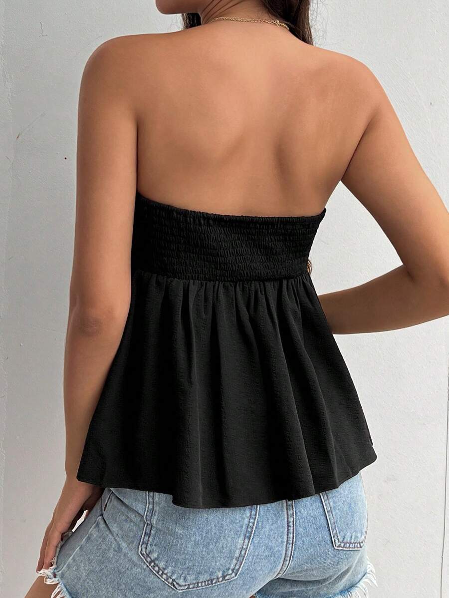 Black Strapless Maternity Peplum Tube Top - Frill Trim Knot Front Regular Fit Flared Hem Non-Stretch Woven Daily Casual Shirt