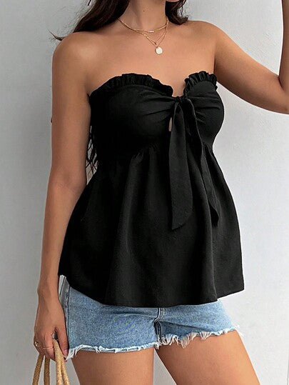 Black Strapless Maternity Peplum Tube Top - Frill Trim Knot Front Regular Fit Flared Hem Non-Stretch Woven Daily Casual Shirt