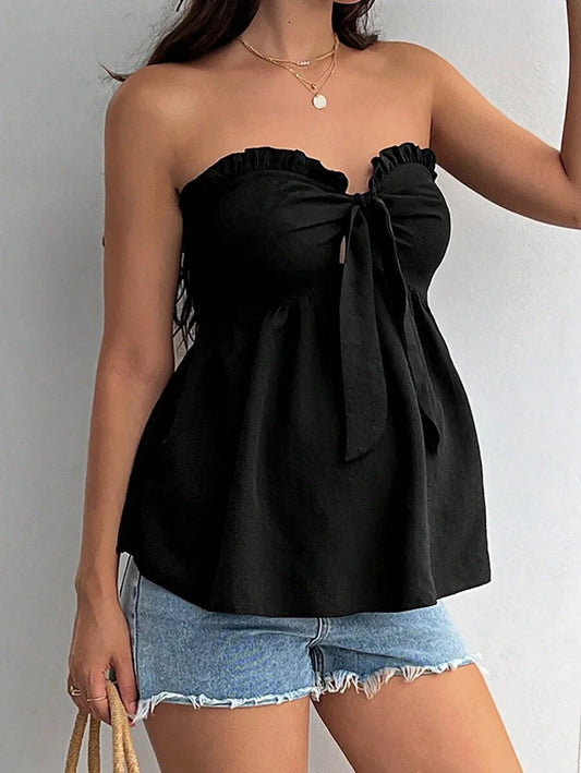 Black Strapless Maternity Peplum Tube Top - Frill Trim Knot Front Regular Fit Flared Hem Non-Stretch Woven Daily Casual Shirt