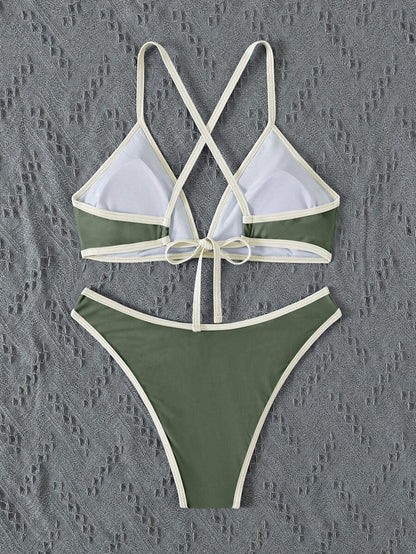 Swim Vcay Summer Beach Women Vacation Color-Block Halter Strap Bikini Set With Separated Bikini Set