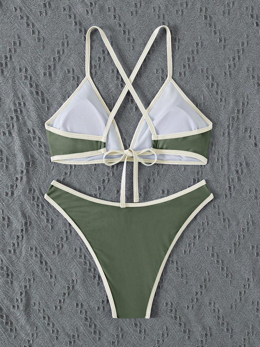 Women's Sporty Triangle Bikini Set - Contrasting Trim, Criss Cross, Spaghetti Strap, Navy Blue