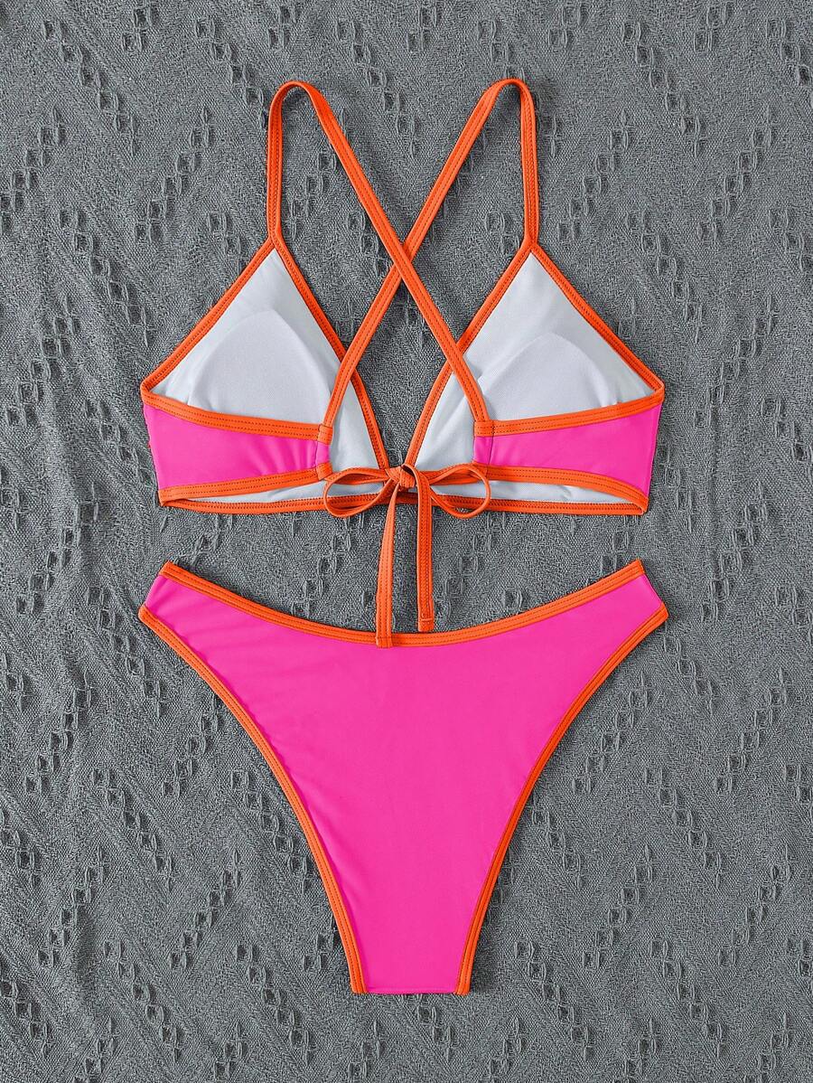 Swim Vcay Summer Beach Women Vacation Color-Block Halter Strap Bikini Set With Separated Bikini Set