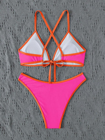 Women's Sporty Triangle Bikini Set - Contrasting Trim, Criss Cross, Spaghetti Strap, Navy Blue