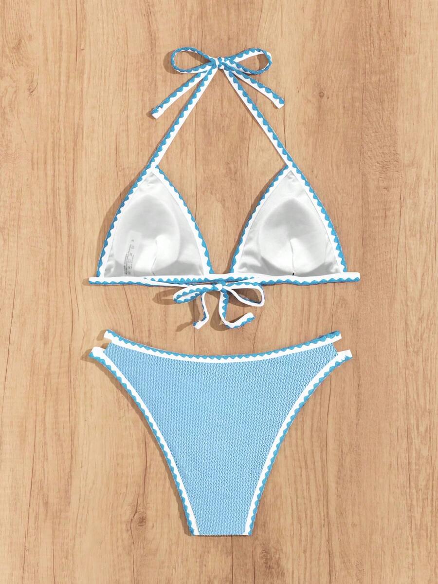 Women's Whip Stitch Halter Triangle Bikini Set - Backless, High Waist, Colorblock, White
