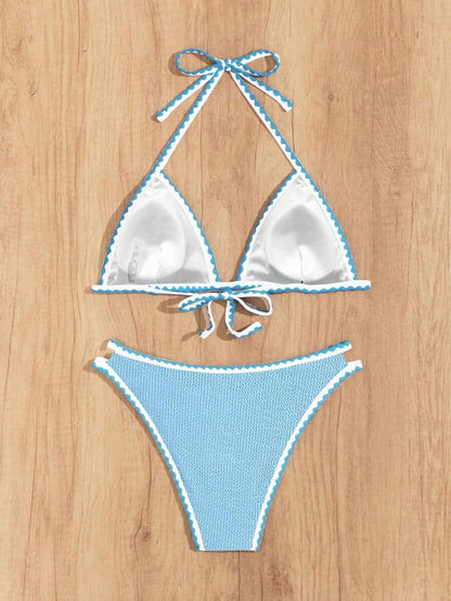 Women's Whip Stitch Halter Triangle Bikini Set - Backless, High Waist, Colorblock, White