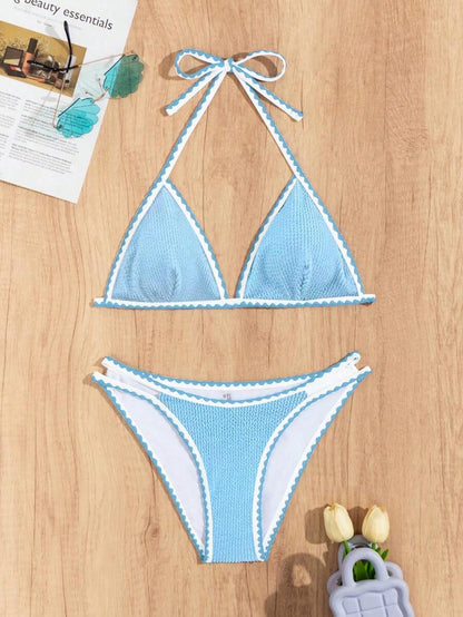 Women's Whip Stitch Halter Triangle Bikini Set - Backless, High Waist, Colorblock, White