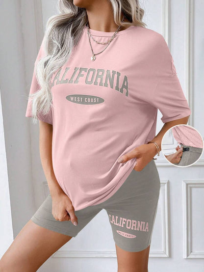 Maternity Pink Letter Graphic Drop Shoulder Tee and Biker Shorts Set High Stretch Casual Two Piece Summer Pregnancy Outfit