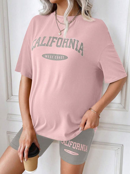 Maternity Pink Letter Graphic Drop Shoulder Tee and Biker Shorts Set High Stretch Casual Two Piece Summer Pregnancy Outfit