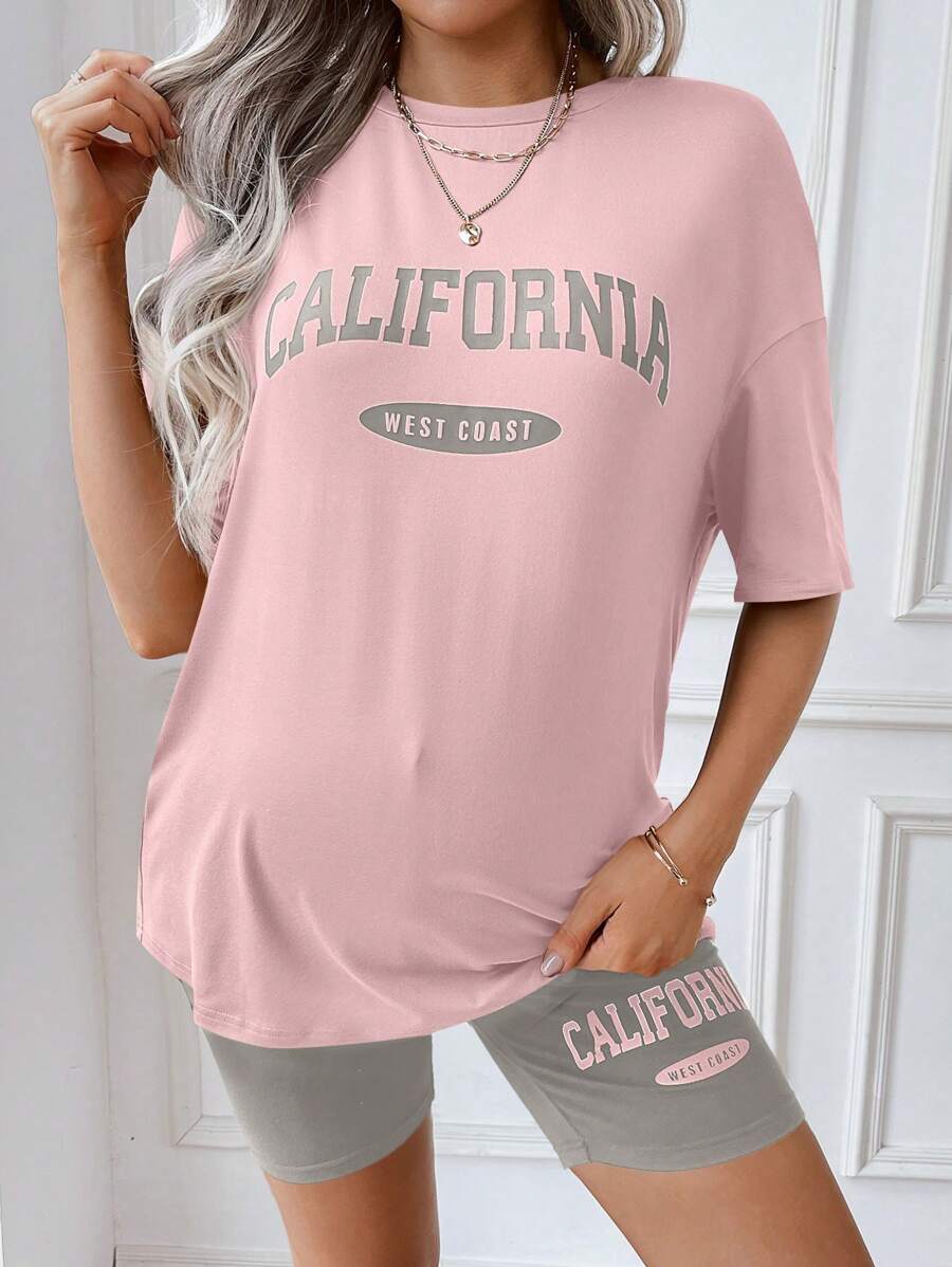 Maternity Pink Letter Graphic Drop Shoulder Tee and Biker Shorts Set High Stretch Casual Two Piece Summer Pregnancy Outfit