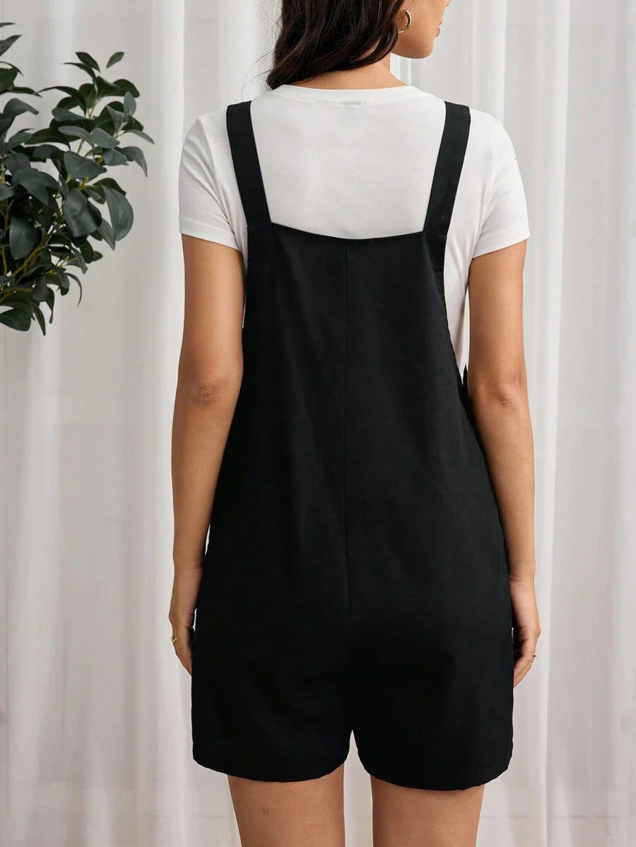 Navy Blue Maternity Button Pocket Casual Bib Romper - Sleeveless Bermuda Length Woven Overall Jumpsuit for Street Style
