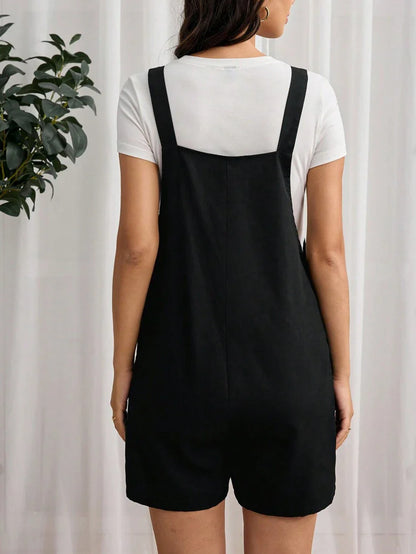 Navy Blue Maternity Button Pocket Casual Bib Romper - Sleeveless Bermuda Length Woven Overall Jumpsuit for Street Style