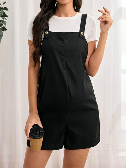 Navy Blue Maternity Button Pocket Casual Bib Romper - Sleeveless Bermuda Length Woven Overall Jumpsuit for Street Style
