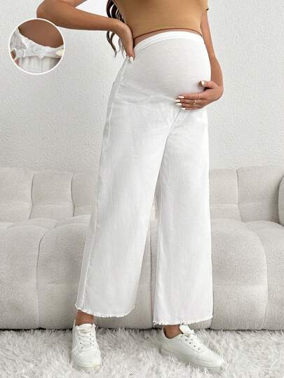 Maternity Denim Pants - Loose Fit, Elastic Waist, Cropped, White