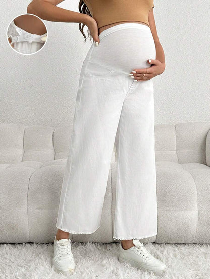 Brown Maternity Casual Loose Cropped Jeans with Elastic Waistband Patchwork and Pockets in 100% Cotton Denim