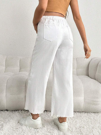 Brown Maternity Casual Loose Cropped Jeans with Elastic Waistband Patchwork and Pockets in 100% Cotton Denim
