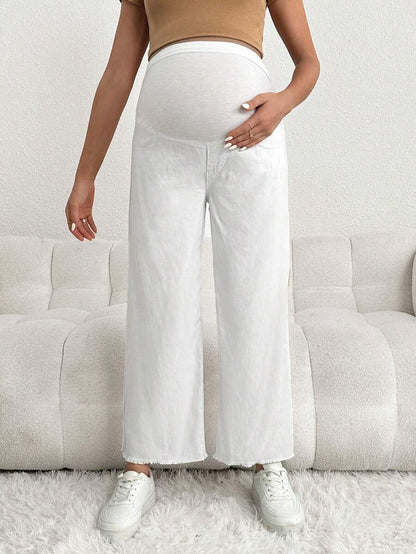 Brown Maternity Casual Loose Cropped Jeans with Elastic Waistband Patchwork and Pockets in 100% Cotton Denim