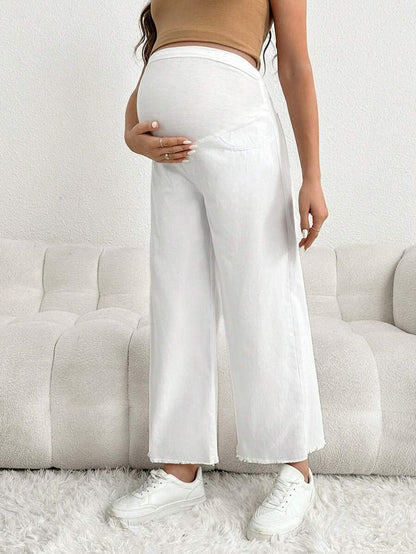 Maternity Denim Pants - Loose Fit, Elastic Waist, Cropped, White