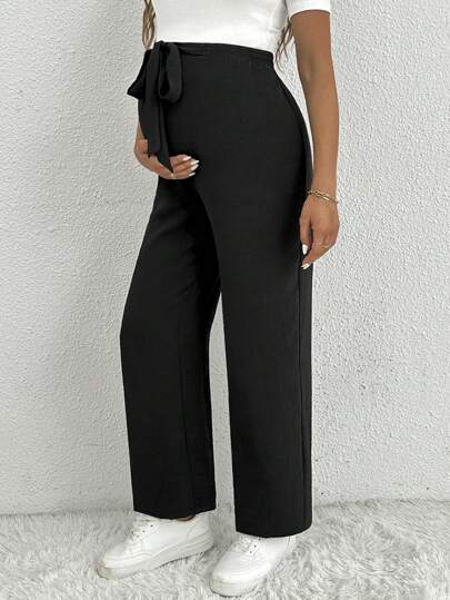 Maternity Straight Leg Pants - Belted Waist, Cooling Fabric, Ultra High Waist, Black