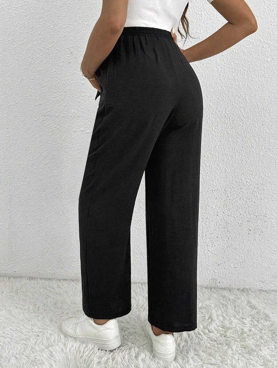 Maternity Straight Leg Pants - Belted Waist, Cooling Fabric, Ultra High Waist, Black
