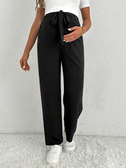 Maternity Straight Leg Pants - Belted Waist, Cooling Fabric, Ultra High Waist, Black