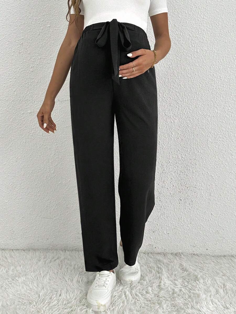 Maternity Straight Leg Pants - Ultra High Waist, Elastic Waist, Knot Detail, Navy Blue