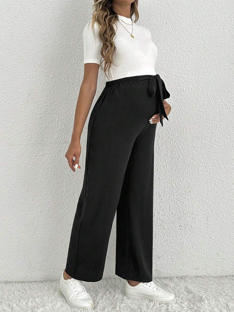 Maternity Straight Leg Pants - Belted Waist, Cooling Fabric, Ultra High Waist, Black