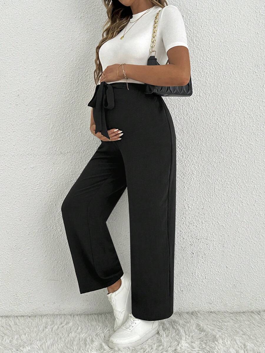 Maternity Straight Leg Pants - Ultra High Waist, Elastic Waist, Knot Detail, Navy Blue