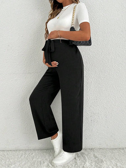 Maternity Straight Leg Pants - Ultra High Waist, Elastic Waist, Knot Detail, Navy Blue