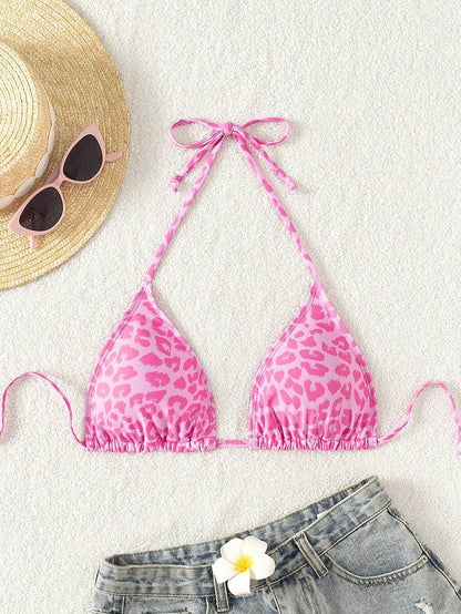 Swim Vcay 1pc Women's Leopard Print Halter Bikini Top For Summer Beach Vacation
