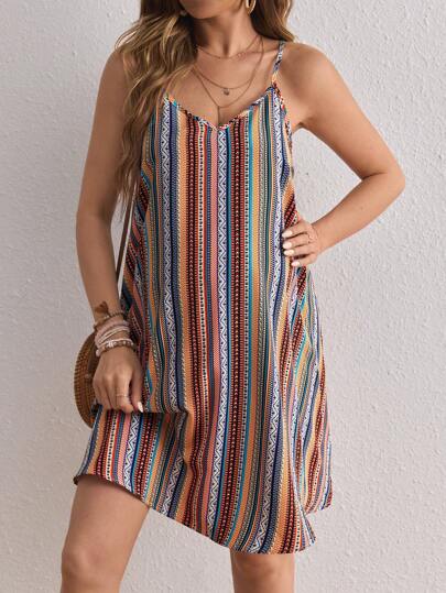 Maternity Vibrant Holiday Spaghetti Strap Loose Short Maternity Dress With Print