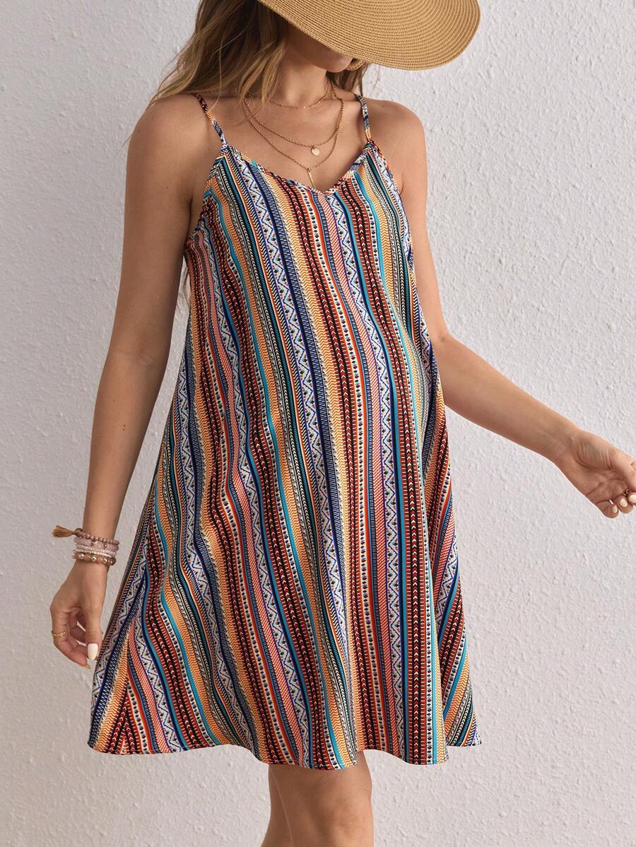 Maternity Vibrant Holiday Spaghetti Strap Loose Short Dress with Print Trendy Outfit for Beach Vacation and Summer Travel