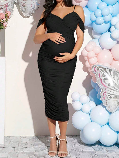 Maternity Elegant Gender Reveal Midi Dress Sexy Wrap Bodycon Spaghetti Strap Cold Shoulder Pencil Dress for Baby Shower