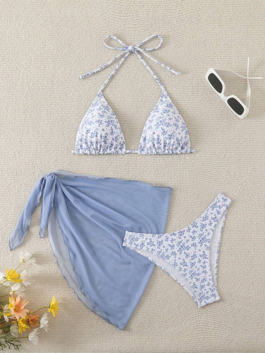 Women's 3-Piece Shell Print Bikini Set - V-Neck Halter, Triangle, Side Tie Skirt, Multicolor