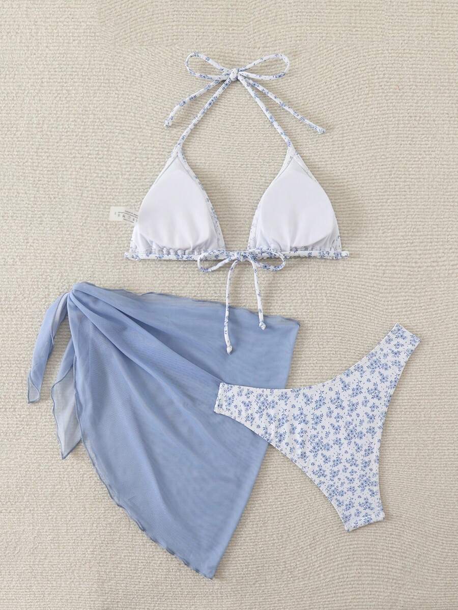 Women's 3-Piece Shell Print Bikini Set - V-Neck Halter, Triangle, Side Tie Skirt, Multicolor