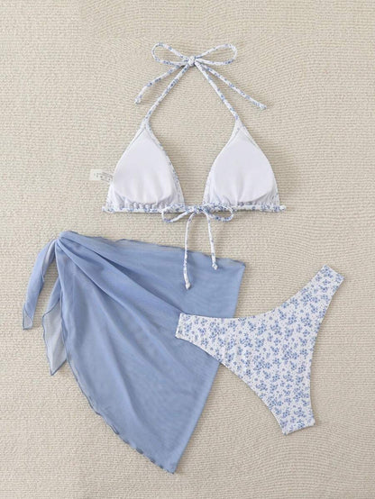 Women's 3-Piece Shell Print Bikini Set - V-Neck Halter, Triangle, Side Tie Skirt, Multicolor