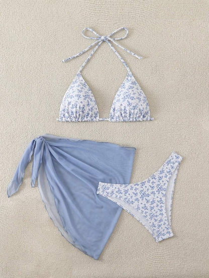 Women's 3-Piece Shell Print Bikini Set - V-Neck Halter, Triangle, Side Tie Skirt, Multicolor