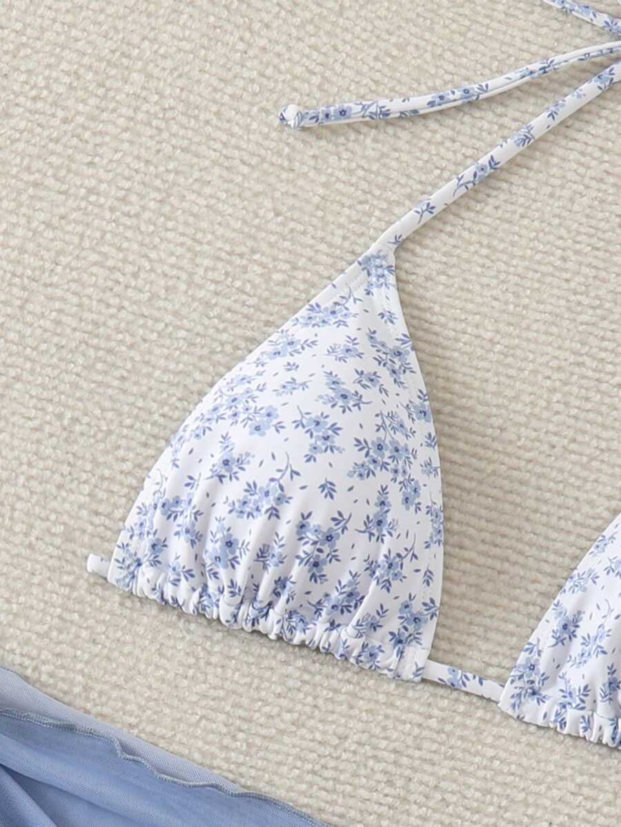 Women's 3-Piece Shell Print Bikini Set - V-Neck Halter, Triangle, Side Tie Skirt, Multicolor